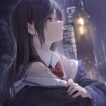  1girl bangs black_hair blurry blurry_background building collared_shirt dark_sky denonbu from_side hair_between_eyes hair_ornament hairclip jacket long_hair night night_sky off_shoulder parted_lips rain red_eyes red_neckwear see-through shinonome_kazune shirt sky skyscraper sola_(solo0730) water wet wet_clothes wet_hair white_shirt 