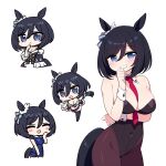  1girl alternate_costume animal_ears black_hair black_leotard blue_eyes bob_cut breasts chan_co chibi covered_navel detached_collar dirndl eishin_flash_(umamusume) eyebrows_visible_through_hair german_clothes highres horse_ears horse_girl horse_tail large_breasts leotard necktie pantyhose playboy_bunny playboy_bunny_leotard red_neckwear scrunchie short_hair solo strapless strapless_leotard tail umamusume white_background white_scrunchie 