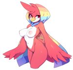  1girl absurdres bird_girl breasts cape commentary english_commentary furry furry_female highres hood looking_at_viewer medium_breasts navel nipples nude original red_eyes simple_background slugbox solo white_background wings 