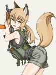  1girl :d aks-74u animal_ears ass assault_rifle belt bent_over blonde_hair commentary_request eyebrows_visible_through_hair fangs fox_ears fox_girl fox_tail gun harness highres holding holding_gun holding_weapon kalashnikov_rifle leaning_forward looking_at_viewer military open_mouth original ponytail pouch rifle shorts smile solo tail tail_raised tank_top thighs tsuchi2026 weapon white_background yellow_eyes 