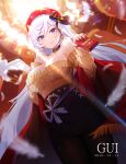  1girl absurdres aran_sweater azur_lane bare_shoulders belfast_(azur_lane) belfast_(shopping_with_the_head_maid)_(azur_lane) beret bird black_legwear black_skirt blush box breasts brown_sweater choker commentary_request dated earrings food from_below hat highres holding holding_box hoop_earrings jewelry kei_kei_(854174652) large_breasts lipstick long_hair looking_at_viewer makeup nail_polish new_year off-shoulder_sweater off_shoulder official_alternate_costume pantyhose pencil_skirt pink_lips pocky purple_eyes red_headwear red_nails red_shawl shawl silver_hair skirt smile solo sunlight sweater very_long_hair white_feathers 