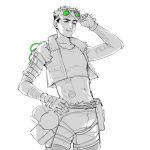  1boy absurdres apex_legends arm_tattoo belt bsapricot cable crop_top cropped_vest english_commentary fingerless_gloves gloves green_eyes hair_behind_ear hand_on_hip highres leaning_back midriff navel octane_(apex_legends) parted_lips shorts smirk solo spot_color tattoo vest 