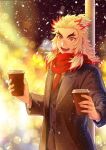 1boy :d black_coat black_vest blonde_hair blurry blurry_background coat cup highres holding kimetsu_no_yaiba lens_flare long_sleeves looking_at_viewer male_focus multicolored_hair necktie night open_clothes open_coat open_mouth outdoors red_eyes red_hair red_neckwear red_scarf remsor076 rengoku_kyoujurou scarf smile snowing solo teacup two-tone_hair vest winter 