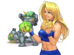  1girl abs blonde_hair blue_eyes cracked_helmet crop_top death eating food food_on_face full_mouth galactic_federation_trooper gameplay_mechanics helmet highres long_hair metroid midriff samus_aran short_shorts shorts signature solo spacesuit stup-jam white_background x_parasite 