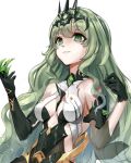  1girl absurdres asymmetrical_gloves bangs bare_shoulders breasts claws cleavage cream_bread crown dress elbow_gloves gloves green_dress green_eyes green_gloves green_hair hair_between_eyes highres honkai_(series) honkai_impact_3rd long_hair mismatched_gloves mobius_(honkai_impact) open_mouth simple_background sleeveless sleeveless_dress solo teeth wavy_hair white_background 