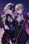  2girls absurdres ahoge artoria_pendragon_(fate) bangs blonde_hair blood blood_on_chest blood_on_clothes blood_on_face braid breasts dress excalibur_morgan_(fate) fate/grand_order fate/stay_night fate_(series) french_braid hair_ornament hand_on_another&#039;s_shoulder highres holding holding_sword holding_weapon jeanne_d&#039;arc_(alter)_(fate) jeanne_d&#039;arc_(fate)_(all) long_hair looking_at_viewer medium_breasts multiple_girls nipi27 reverse_grip saber_alter short_hair silver_hair smile sword torn_clothes weapon yellow_eyes 