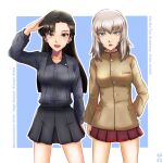  2girls artist_logo asymmetrical_bangs bangs black_hair black_skirt blue_background blue_eyes border brown_eyes brown_jacket character_name chi-hatan_school_uniform commentary_request cosplay costume_switch dress_shirt english_text girls_und_panzer grey_shirt hand_on_hip high_collar insignia itsumi_erika jacket kuromorimine_school_uniform light_frown long_hair long_sleeves looking_at_viewer medium_hair miniskirt multiple_girls nishi_itsumi nishi_kinuyo open_mouth outline outside_border partial_commentary pleated_skirt red_skirt salute school_uniform shirt side-by-side silver_hair skirt smile standing straight_hair white_border white_outline wing_collar 