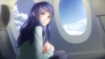  1girl aircraft airplane airplane_interior artist_request bangs blue_eyes blue_sky blush cloud cloudy_sky dark_blue_hair day everlasting_summer from_side game_cg grey_shirt highres lips long_hair long_sleeves looking_to_the_side parted_lips samantha_reed_smith shirt sitting sky smile solo upper_body window 