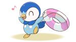  closed_eyes commentary_request creature gen_4_pokemon happy holding holding_innertube innertube leg_up musical_note no_humans official_art open_mouth piplup pokemon pokemon_(creature) project_pochama solo standing standing_on_one_leg tongue white_background 