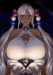  1girl :d bare_shoulders blonde_hair breasts bunny choker crab dark-skinned_female dark_skin earth_(planet) elbow_gloves giant giantess gloves hololive hololive_english huge_breasts low_twintails open_mouth planet planet_hair_ornament ribbon smile solo space tsukumo_sana twintails upper_body virtual_youtuber yellow_eyes yuugatou_(yuuzutu) 