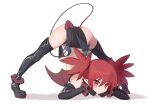  1girl absurdres ajiitou arm_rest ass black_footwear black_gloves boots demon_girl demon_tail demon_wings disgaea elbow_gloves etna flexible gloves hands_on_ground highres jack-o&#039;_challenge makai_senki_disgaea meme mini_wings red_eyes red_hair solo stretch tail thigh_boots thighhighs top-down_bottom-up wide_spread_legs wings 