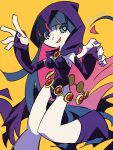  1girl blue_eyes cape colored_skin cosplay detached_sleeves forehead_jewel grey_skin hamaguri_(nirak1203) hood leotard long_hair looking_at_viewer multicolored_hair panty_&amp;_stocking_with_garterbelt pink_hair purple_hair raven_(dc) stocking_(psg) teen_titans watermark yellow_background 