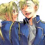  2boys aiguillette alphonse_elric amestris_military_uniform arms_at_sides backlighting bangs blonde_hair blue_jacket brothers close-up closed_eyes closed_mouth collared_shirt dress_shirt edward_elric face facing_another facing_viewer fullmetal_alchemist half-closed_eyes happy jacket laughing light_blush light_smile looking_at_another lowres male_focus military military_jacket military_uniform multiple_boys noako open_clothes open_jacket parted_bangs parted_lips ponytail profile shirt siblings side-by-side simple_background smile swept_bangs uniform upper_body white_background 