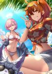  2girls ahoge bangs bare_shoulders beach bikini blue_sky breasts cleavage collarbone dydydyok eyewear_on_head fate/grand_order fate_(series) floral_print fou_(fate) fujimaru_ritsuka_(female) grey_jacket grin hair_ornament hair_over_one_eye hair_scrunchie hawaiian_shirt highres jacket large_breasts light_purple_hair long_sleeves looking_at_viewer mash_kyrielight medium_breasts multiple_girls off_shoulder one_side_up open_mouth orange_eyes orange_hair purple_eyes red_shirt scrunchie shirt short_hair short_shorts short_sleeves shorts sky smile sunglasses swimsuit swimsuit_of_perpetual_summer thighs tropical_summer_(fate) v white_bikini white_shorts 