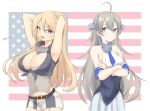  2girls ahoge american_flag arms_up bangs blonde_hair blue_eyes breasts cleavage closed_mouth crossed_arms flag_background front-tie_top garter_straps grey_eyes grey_hair hair_between_eyes headgear highres iowa_(kancolle) kantai_collection large_breasts long_hair medium_breasts monomothina multiple_girls one-hour_drawing_challenge open_mouth pleated_skirt skirt star-shaped_pupils star_(symbol) symbol-shaped_pupils twitter_username washington_(kancolle) white_skirt 