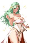  1girl absurdres armlet bare_shoulders breasts circlet cleavage closed_mouth falling_petals fire_emblem fire_emblem:_three_houses flower gold_choker gold_trim green_eyes green_hair hair_flower hair_ornament harstfazn highleg highleg_leotard highres large_breasts leotard long_hair petals pink_lips rhea_(fire_emblem) standing sword thighs weapon white_background white_leotard 