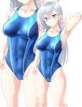  1girl abs absurdres blue_swimsuit breasts brown_eyes competition_swimsuit covered_navel cowboy_shot glasses highres kitora_mirja long_hair medium_breasts multicolored multicolored_clothes multicolored_swimsuit multiple_views one-piece_swimsuit silver_hair simple_background standing swimsuit takafumi toji_no_miko white_background zoom_layer 