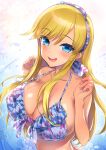  1girl bangs bikini blonde_hair blue_eyes blush breasts chunithm cleavage collarbone eyebrows_visible_through_hair frilled_bikini frills front-tie_top hairband hands_up highres hisasi large_breasts long_hair ogata_arishiana open_mouth smile solo swimsuit 