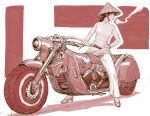  1girl brown_hair chinese_clothes cigarette commentary english_commentary ground_vehicle hat high_heels long_hair long_sleeves monochrome motor_vehicle motorcycle mouth_hold original pants profile red_theme rice_hat shirt smoke smoking solo vietnamese_dress y_naf 