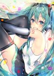  1girl bangs bare_shoulders black_legwear black_skirt black_sleeves blue_eyes collared_shirt commentary_request detached_sleeves eyebrows_visible_through_hair feet_out_of_frame green_hair grin hair_between_eyes hatsune_miku headphones legs_up long_hair long_sleeves looking_at_viewer looking_to_the_side pleated_skirt shiomizu_(swat) shirt skirt sleeveless sleeveless_shirt smile solo thighhighs twintails very_long_hair vocaloid white_shirt 