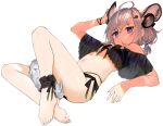  024th 1girl ahoge animal_ears ankle_cuffs arknights arm_up bangs bare_legs bare_shoulders barefoot bikini black_bikini blue_eyes bracelet closed_mouth commentary extra_ears eyebrows_visible_through_hair feet fox_ears fox_girl fox_tail full_body hair_between_eyes headphones jewelry long_hair looking_at_viewer lying navel off_shoulder official_alternate_costume on_back side-tie_bikini silver_hair simple_background solo stomach sussurro_(arknights) sussurro_(summer_flowers)_(arknights) swimsuit tail toes white_background 