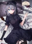  1girl banned_artist black_dress black_headwear black_legwear blood blood_bag blue_eyes corset dengeki_moeou dress frilled_dress frills grey_hair hat heterochromia highres holding long_hair looking_at_viewer lying on_back original pillow pink_eyes solo syringe thighhighs yusano 