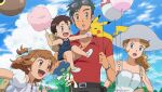  2boys 2girls :d ash_ketchum balloon bangs belt black_belt black_hair brown_eyes brown_hair cloud collared_shirt commentary cotton_candy day dress english_commentary eyewear_on_head facial_hair feeding floette floette_(blue) gen_1_pokemon gen_6_pokemon hair_ornament hairclip hat holding holding_string if_they_mated multiple_boys multiple_girls noelia_ponce older on_shoulder open_mouth outdoors pants pikachu pokemon pokemon_(anime) pokemon_(creature) pokemon_on_shoulder pokemon_xy_(anime) red_shirt serena_(pokemon) shirt short_hair short_sleeves sky smile sunglasses tongue watch white_dress white_headwear wristwatch 