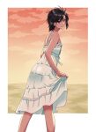  1girl absurdres benben_(9456378) black_hair clothes_lift cowboy_shot dress dress_lift flat_chest frilled_dress frills highres horizon idolmaster idolmaster_(classic) idolmaster_million_live! idolmaster_million_live!_theater_days kikuchi_makoto lifted_by_self looking_at_viewer looking_to_the_side outside_border short_hair sleeveless sleeveless_dress smile solo sunset 