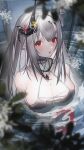  1girl :o absurdres arknights ball bangs bikini blurry blurry_foreground breasts cleavage earrings flower grey_bikini grey_hair hair_between_eyes hair_ornament highres holding holding_ball horns jewelry large_breasts long_hair looking_at_viewer mudrock_(arknights) nigoolas open_mouth red_eyes solo swimsuit water wet 