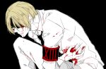  1boy awara_kayu bangs black_armband black_background blonde_hair blood blood_on_clothes blood_on_face collared_shirt commentary_request from_side knee_up long_sleeves male_focus nakarai_keijin necktie pants parted_bangs red_armband shirt short_hair simple_background solo tokyo_ghoul tokyo_ghoul:re 