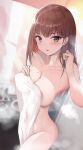 1girl bangs bathroom breasts brown_eyes brown_hair cleavage collarbone commentary_request eyebrows_visible_through_hair highres indoors large_breasts light_blush looking_at_viewer naked_towel open_mouth original short_hair solo take_(trude1945oneetyan) towel wet white_towel 