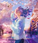  1girl absurdres ahoge arm_up bangs blue_eyes blue_hair blue_jacket blurry blurry_background blush building cherry_blossoms city commentary commission denim evening everlasting_summer flower from_side fur_trim highres huge_filesize jacket jeans long_hair long_sleeves looking_at_viewer pants parted_lips petals road samantha_reed_smith smile solo_focus standing street tree upper_body wind wskiey 