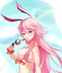  1girl animal_ears bangs bikini breasts eyewear_removed fox_ears frilled_bikini frills hair_between_eyes highres holding holding_eyewear honkai_(series) honkai_impact_3rd long_hair looking_at_viewer open_mouth pink_eyes purple_eyes solo sunglasses swimsuit white_bikini yae_sakura yuan_zhen_(user_pnhx4422) 