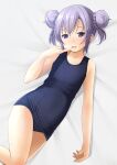  1girl bed_sheet blue_swimsuit collarbone commentary_request cowboy_shot double_bun finger_to_mouth flat_chest highres looking_at_viewer lying old_school_swimsuit open_mouth original pinky_out purple_eyes purple_hair school_swimsuit shibacha short_hair solo swimsuit 