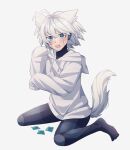  1boy ahoge alternate_costume android animal_ears bangs barefoot black_skin blush bottomless colored_skin commentary condom condom_wrapper danganronpa_(series) danganronpa_v3:_killing_harmony dog_ears dog_tail english_commentary fangs green_eyes grey_hair hand_up highres hood hood_down hoodie keebo looking_at_viewer male_focus medium_hair mishmasz open_mouth shiny shiny_hair simple_background sitting sleeves_past_fingers sleeves_past_wrists solo tail wariza white_background 