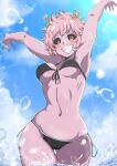  1girl :d alternate_costume arms_up ashido_mina ass_visible_through_thighs bikini black_bikini black_sclera blue_sky boku_no_hero_academia breasts cloud colored_sclera colored_skin covered_nipples day eyebrows_visible_through_hair front-tie_top grin halterneck highres horns light_blush looking_at_viewer medium_breasts navel open_mouth outdoors outstretched_arms pink_hair pink_skin shinonome_mozuku short_hair side-tie_bikini side-tie_bottom sky smile solo splashing stomach string_bikini sun swimsuit teeth thigh_gap underboob water water_drop wet wide_hips yellow_eyes 