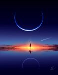  1girl cloud comet crescent_moon gradient highres lens_flare moon original reflection scenery signature sky solo standing star_(sky) sunset water water_world zahidmeh 
