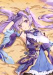  1girl absurdres armpits blush braid breasts chinese_clothes detached_sleeves genshin_impact gloves hair_cones hair_ornament hand_up highres keqing_(genshin_impact) long_hair lying medium_breasts natie open_mouth purple_eyes purple_gloves purple_hair solo twintails upper_body 