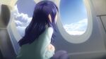  1girl aircraft airplane airplane_interior artist_request bangs blue_sky cloud cloudy_sky dark_blue_hair day everlasting_summer from_side game_cg grey_shirt highres long_hair long_sleeves samantha_reed_smith shirt sitting sky solo upper_body window 