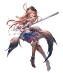 1girl blue_eyes boots braid breasts brown_hair full_body granblue_fantasy hat hat_feather highres lecia_(granblue_fantasy) midriff open_mouth peaked_cap skirt solo standing sword thigh_boots thighhighs weapon white_background yu_pian 