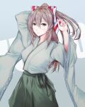  1girl absurdres blush brown_eyes brown_hair closed_mouth fingernails green_hakama green_kimono hachimaki hair_between_eyes hakama headband high_ponytail highres japanese_clothes junk_life kantai_collection kimono long_hair long_sleeves looking_at_viewer solo wide_sleeves zuihou_(kancolle) 