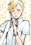  1boy alphonse_elric bag bangs bishounen blonde_hair cellphone cellphone_charm charm_(object) collared_shirt doll dress_shirt eyebrows_visible_through_hair fingernails flip_phone fullmetal_alchemist hand_on_shoulder hand_up lower_teeth male_focus matryoshka_doll necktie noako orange_background pale_color parted_lips phone polka_dot polka_dot_background school_bag school_uniform shirt short_sleeves shoulder_bag sketch skinny swept_bangs tareme teeth two-tone_background upper_body upper_teeth watch wide-eyed wristwatch yellow_background yellow_eyes 