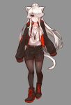  1girl absurdres animal_ears ayanobro cat_ears cat_tail english_text grey_background hair_over_one_eye highres jacket jewelry lips long_hair necklace original pantyhose red_eyes shoes shorts smile sneakers solo tail white_hair 