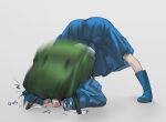  1girl absurdres aesur_a backpack bag blue_hair boots failure full_body grey_background highres jack-o&#039;_challenge kawashiro_nitori long_hair long_sleeves motion_blur rubber_boots simple_background solo spread_legs top-down_bottom-up touhou 