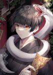  1boy animal_around_neck black_hair black_kimono holding indoors japanese_clothes kimono male_focus open_mouth original sal shide short_hair snake talisman upper_body white_snake yellow_eyes 