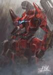  armored_core clenched_hand dust gun highres holding holding_gun holding_weapon hukutuuprunes leaning_forward mecha nineball_seraph no_humans rain science_fiction signature solo weapon 