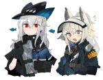  2girls :d animal_ears arknights ascot black_gloves black_headwear blue_gloves closed_mouth commentary gloves grani_(arknights) grey_neckwear hair_between_eyes hat holding_strap horse_ears jacket long_hair multiple_girls odmised open_mouth police police_uniform ponytail purple_eyes red_eyes shirt silver_hair simple_background skadi_(arknights) smile uniform upper_body visor_lift white_background 