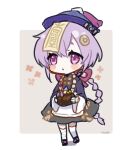  1girl apron bandaged_hands bandaged_leg bandages bangs black_jacket black_skirt blush_stickers braid chibi closed_mouth eyebrows_behind_hair full_body genshin_impact grey_background hair_between_eyes hat jacket long_hair long_sleeves nuno_(pppompon) purple_eyes purple_hair purple_headwear qing_guanmao qiqi_(genshin_impact) signature single_braid skirt solo standing thighhighs two-tone_background very_long_hair white_apron white_background white_legwear wide_sleeves 