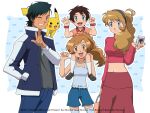  2boys 2girls :d ash_ketchum bangs black_hair blue_eyes blue_pants blue_shorts brown_eyes brown_hair camera character_name closed_mouth collared_shirt commentary crop_top english_commentary eyelashes gen_1_pokemon grey_shirt grin hairband hand_in_pocket hand_up holding holding_camera if_they_mated jacket jewelry light_brown_hair long_hair long_sleeves multiple_boys multiple_girls navel necklace noelia_ponce older one_eye_closed open_clothes open_jacket open_mouth pants pikachu pokemon pokemon_(anime) pokemon_(creature) pokemon_xy_(anime) shiny shiny_hair shirt short_hair shorts skirt sleeveless sleeveless_shirt smile teeth thighhighs tongue 