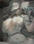  1girl areola_slip areolae belt black_gloves blue_eyes blue_hair breasts cleavage cum cum_on_body cum_on_breasts cutesexyrobutts fingerless_gloves gloves hair_over_one_eye hat hataraku_saibou hataraku_saibou_black highres large_breasts long_hair looking_at_viewer pale_skin patreon_username short_sleeves solo u-1196 uniform white_blood_cell_(hataraku_saibou) white_headwear white_uniform 